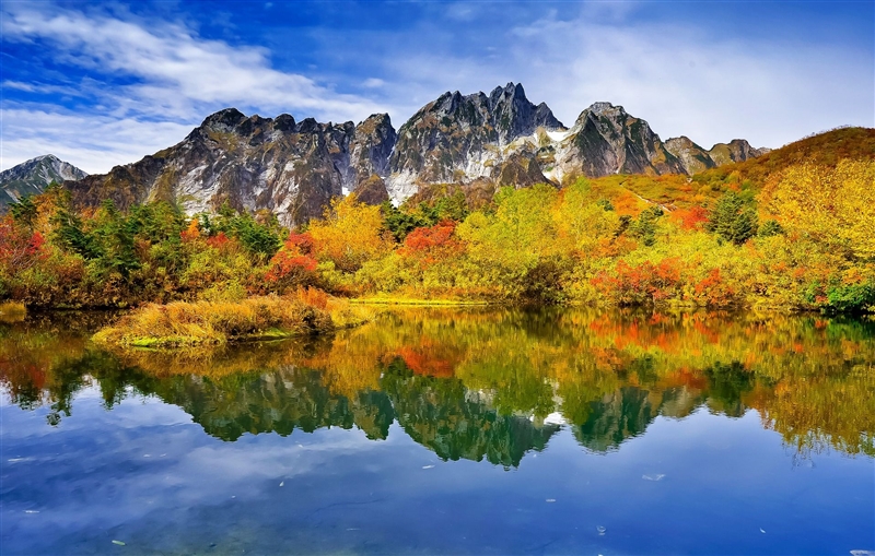 Peisaj de toamna din Japonia, cu lac in prim plan si munte pe fundal
